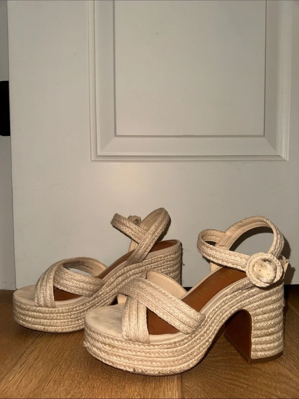 Women's Beige Braided Platform Heeled Sandals